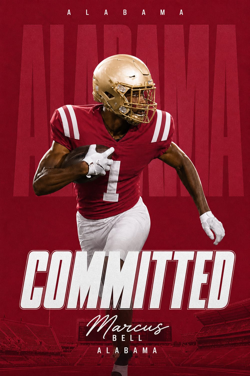 College commitment graphic in crimson and white made with CommitGraphics