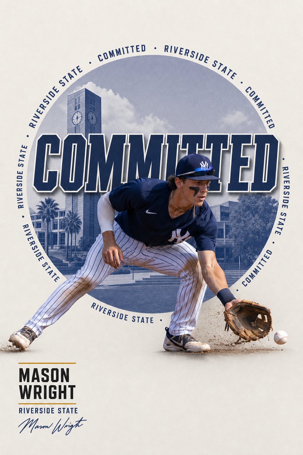 Baseball commitment graphic — infielder fielding a ground ball, circular COMMITTED badge, made with CommitGraphics