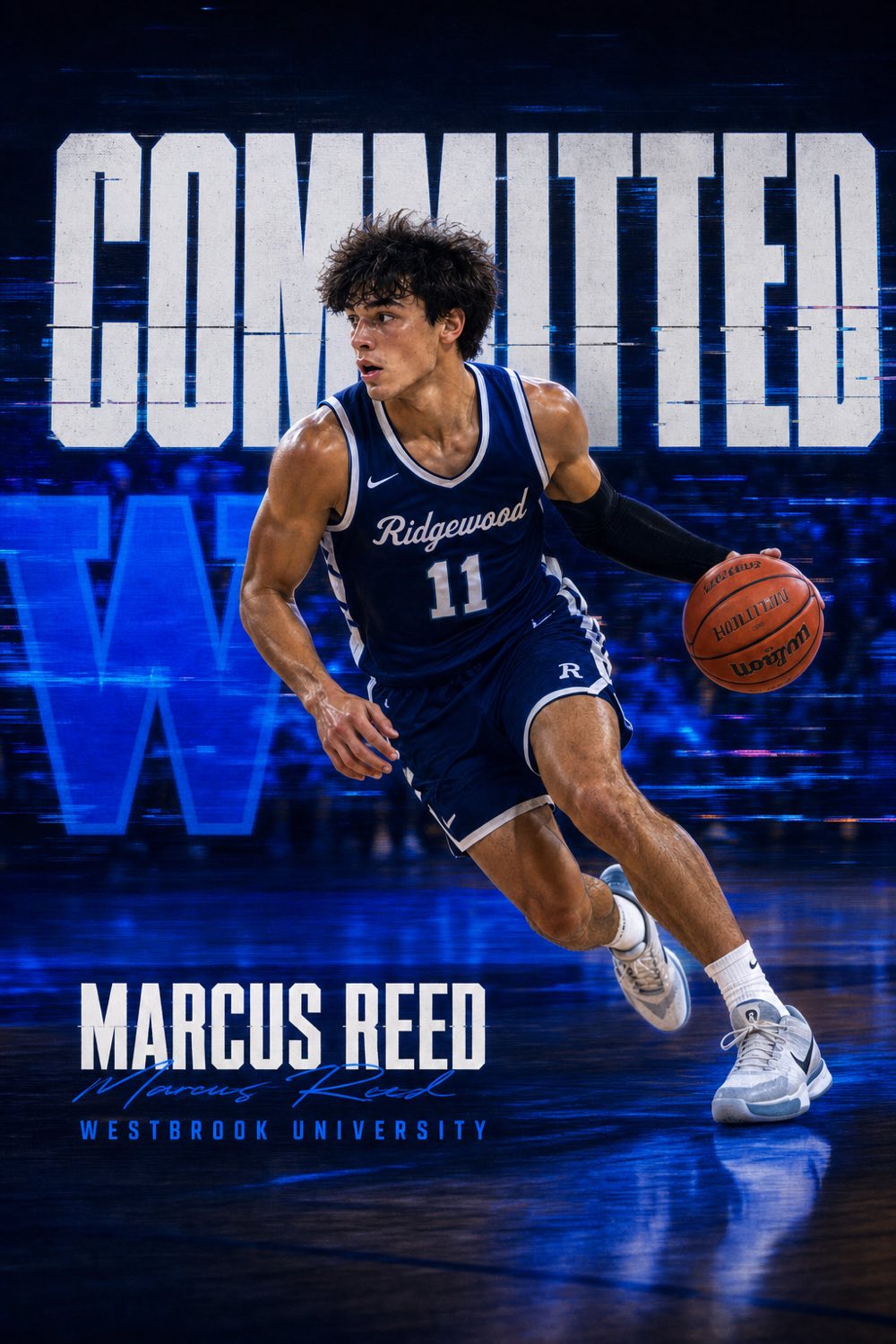 Basketball commitment graphic — guard driving to the rim under blue arena light, made with CommitGraphics