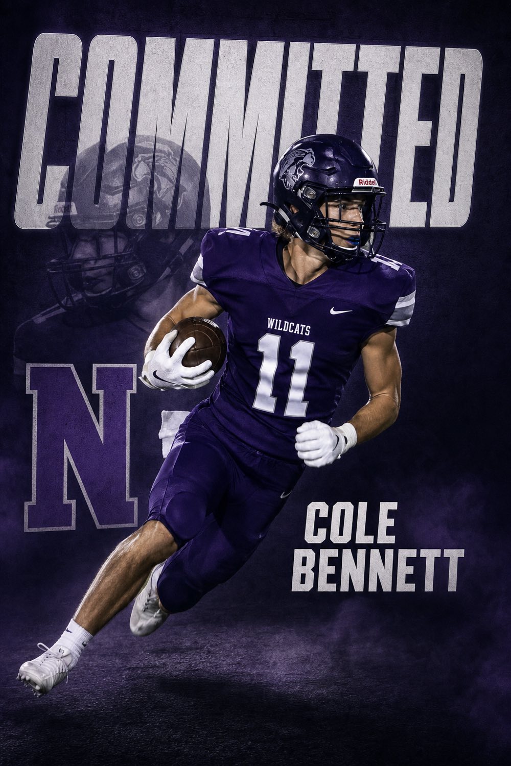 Football commitment graphic — wide receiver in purple, COMMITTED headline, made with CommitGraphics