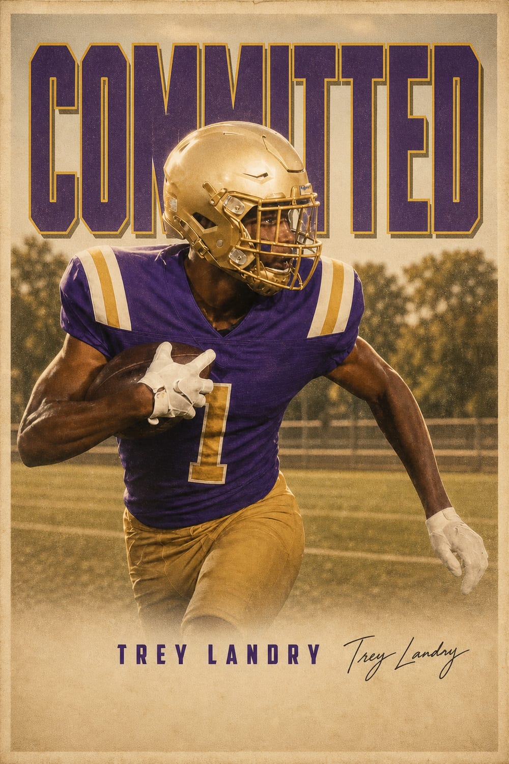 College commitment graphic in purple and gold made with CommitGraphics