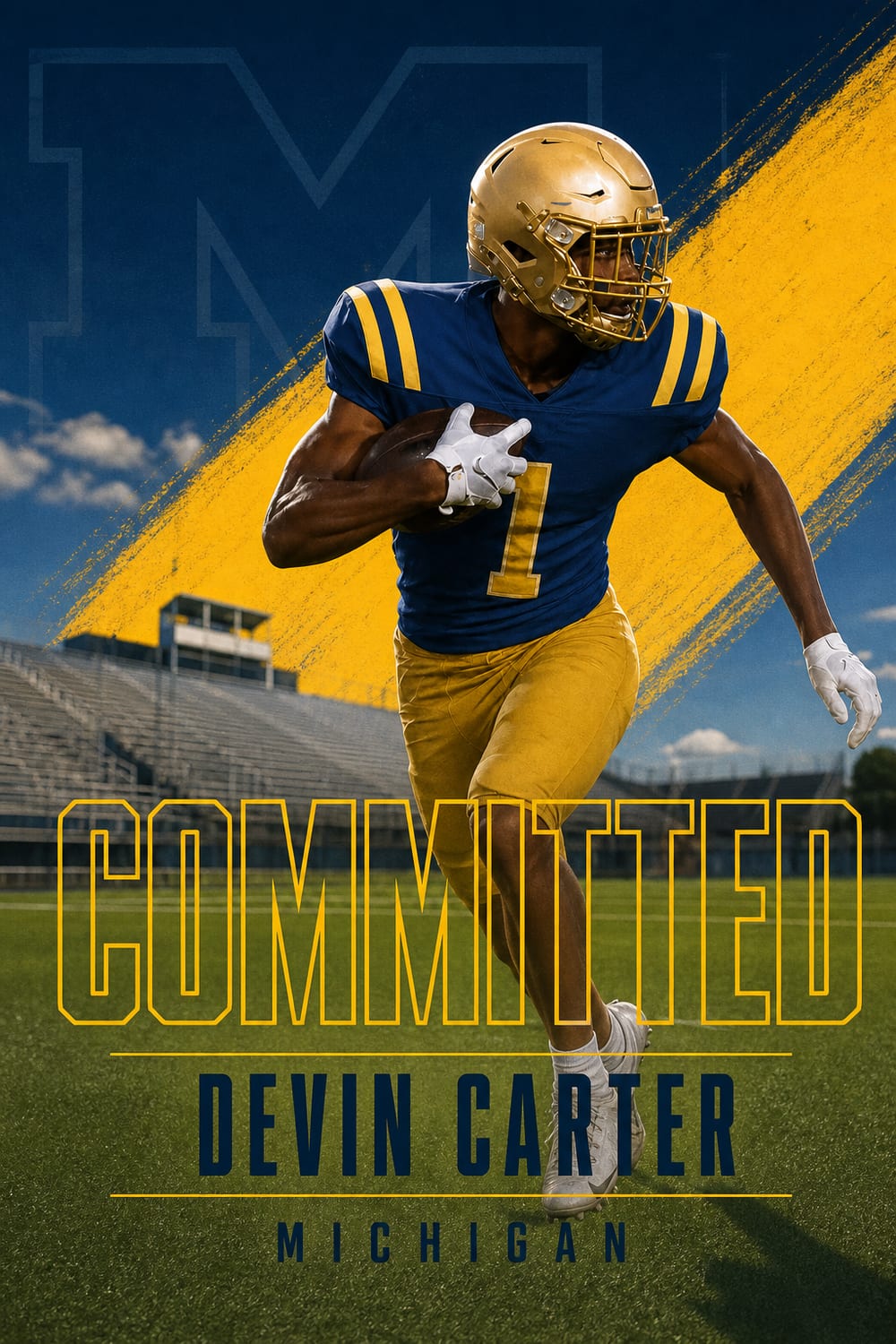 College commitment graphic in navy and maize made with CommitGraphics